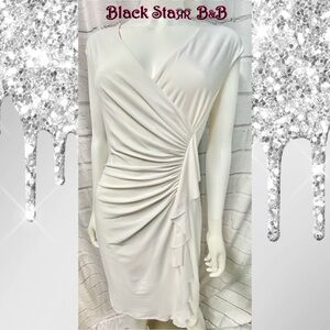 White elegant ruffled waist 3/4” length shoulder sleeve dress.  Sz 6